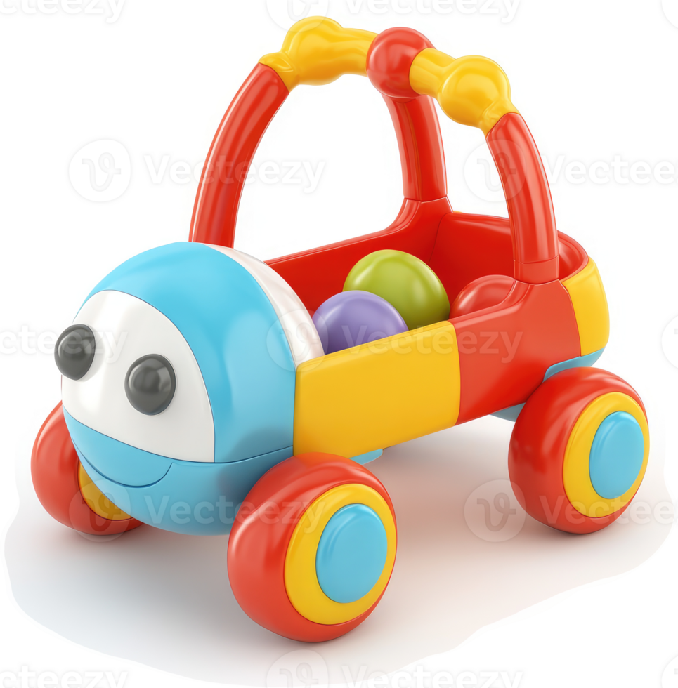 Colorful push toy for toddlers, featuring a friendly car design. png