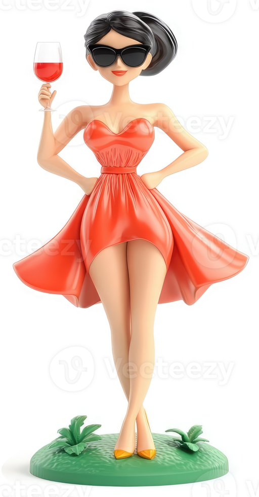 Stylish figurine of a woman in a vibrant red dress, holding wine. png