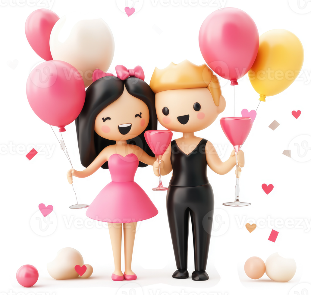 Animated couple celebrating with drinks and balloons. png