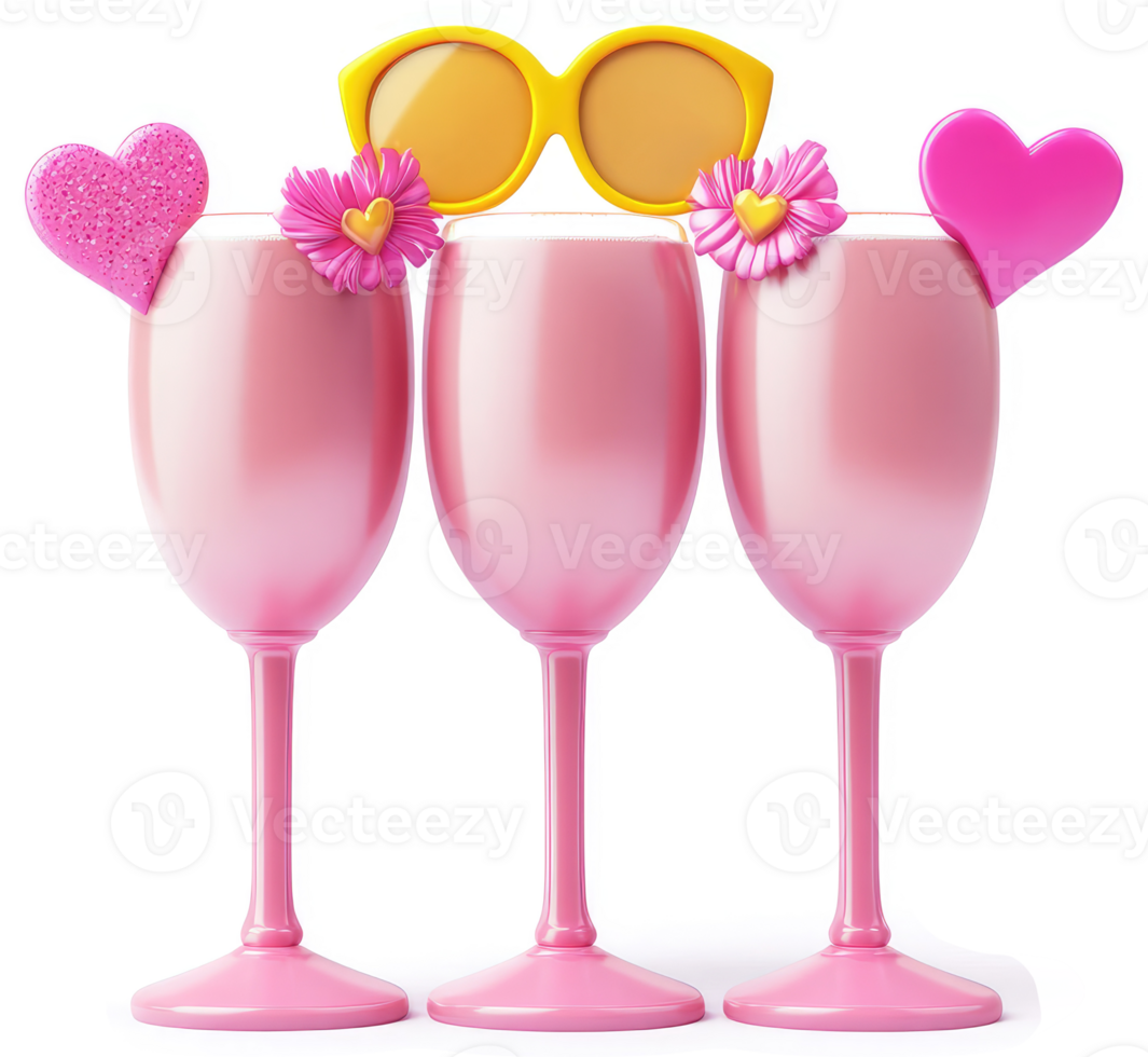 Three pink cocktails adorned with hearts and flowers. png