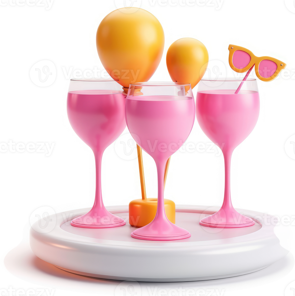 Three pink cocktails with yellow balloons and sunglasses. png