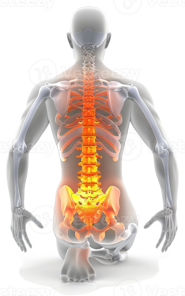 Human spine depicted with highlighted pain in the lower back. png