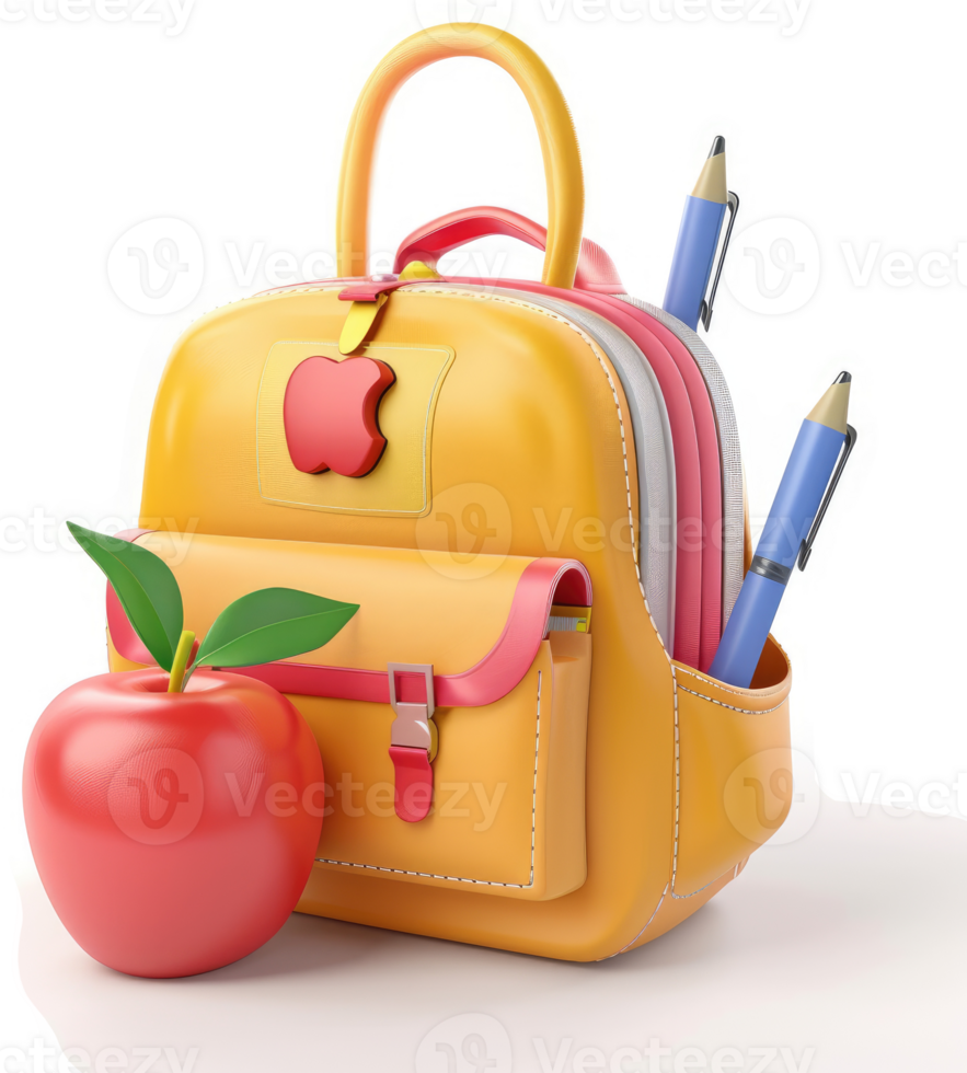 Vibrant yellow backpack, apple, and pencils, a student's essential accessories. png