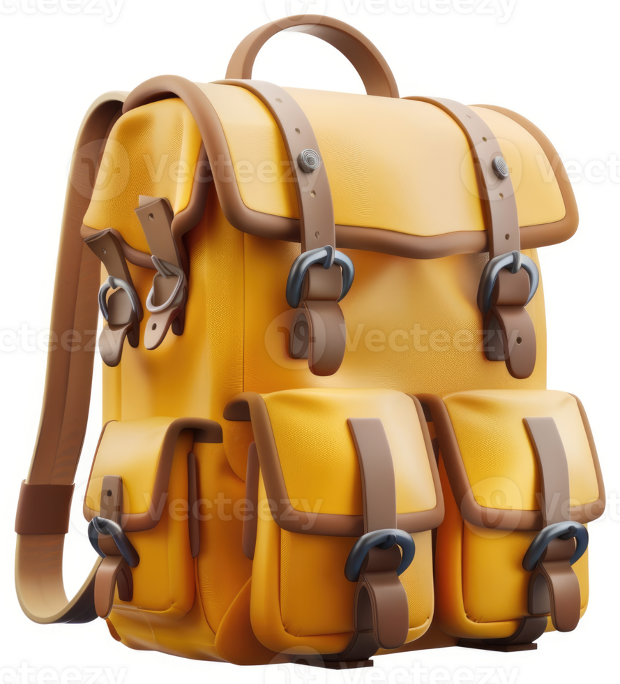 Bright yellow backpack with brown accents features practical pockets. png