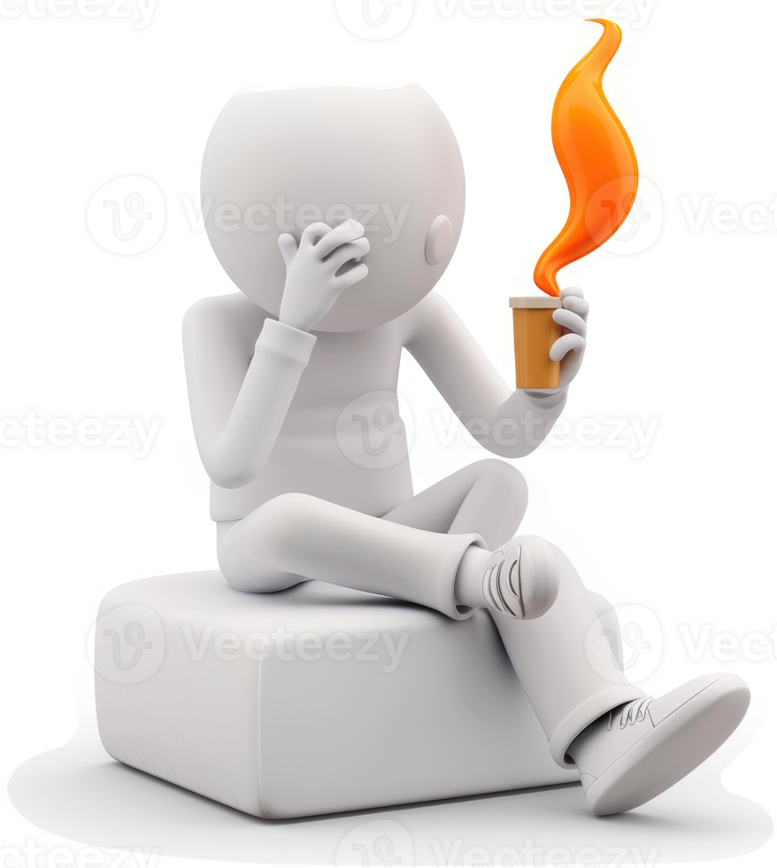 A pensive figure sits holding a steaming coffee cup, contemplating a fiery thought. png