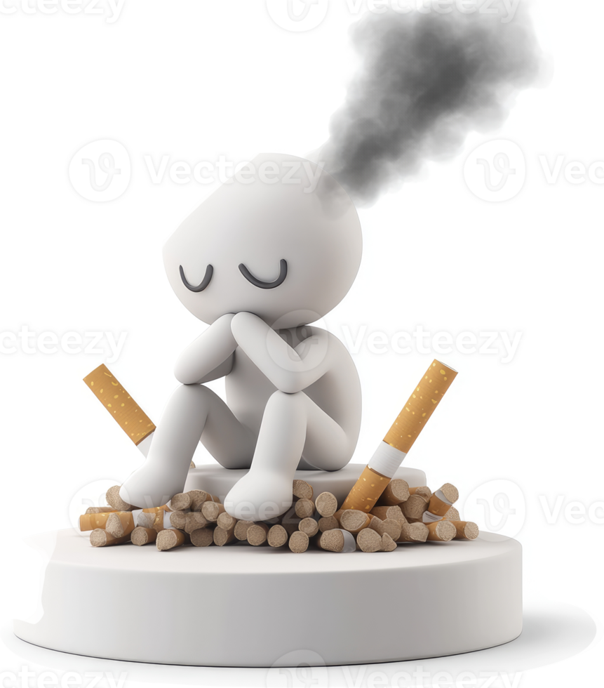 Depressed figure surrounded by cigarettes and smoke. png