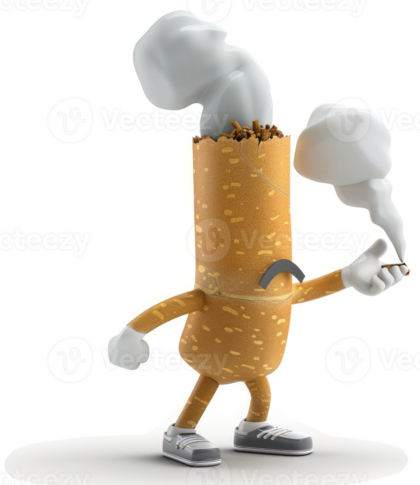 Cartoon cigarette character exhales smoke, highlighting detrimental effects. png
