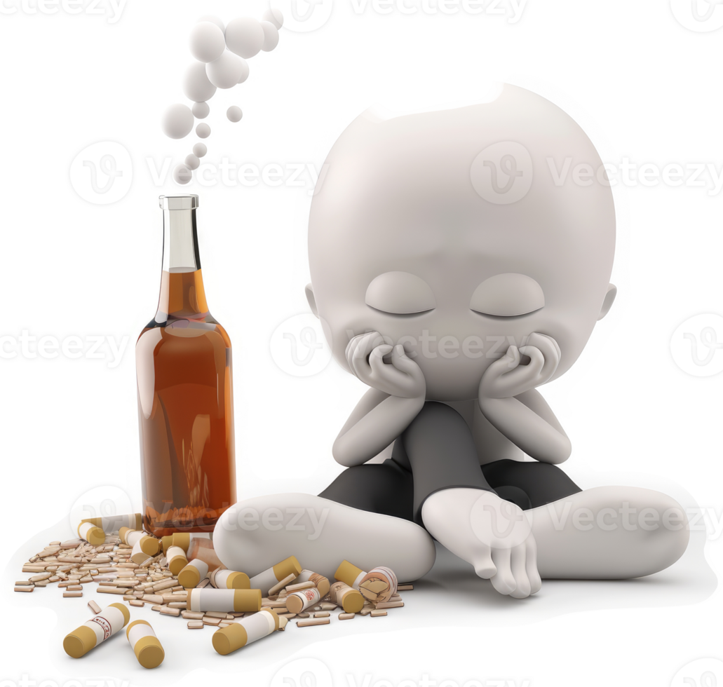 Depressed figure surrounded by alcohol and cigarettes, symbolizing addiction. png