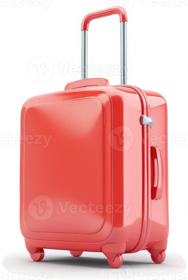 Modern, vibrant red suitcase with rolling wheels. png