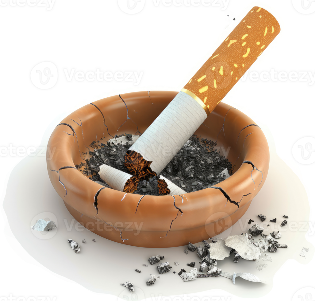 Broken cigarette in an ash tray filled with debris. png