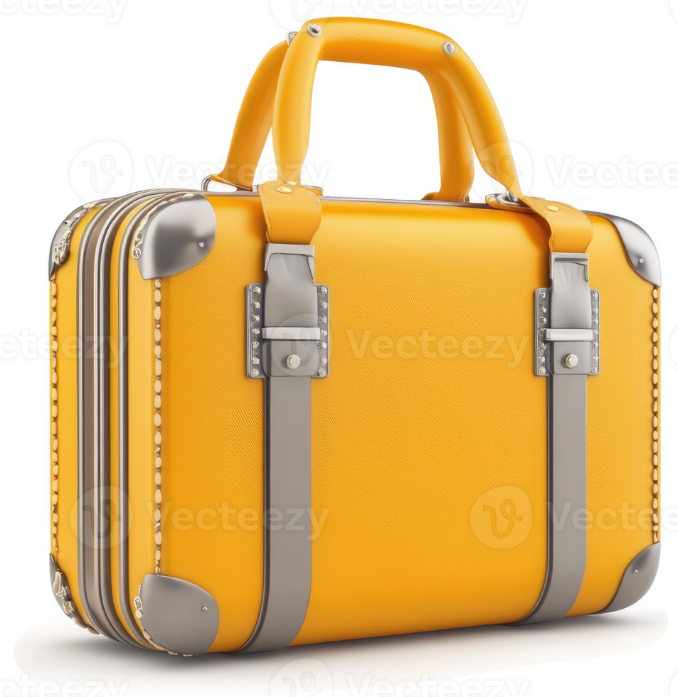 Vintage yellow suitcase with metallic accents. png