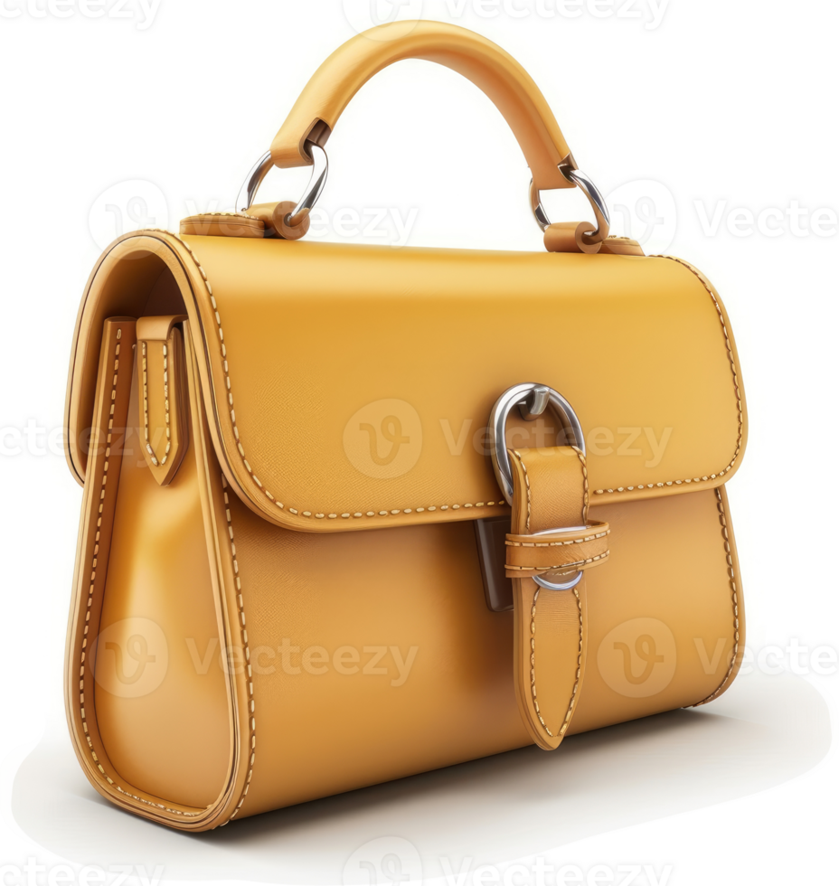 A mustard yellow leather handbag with a clasp closure. png