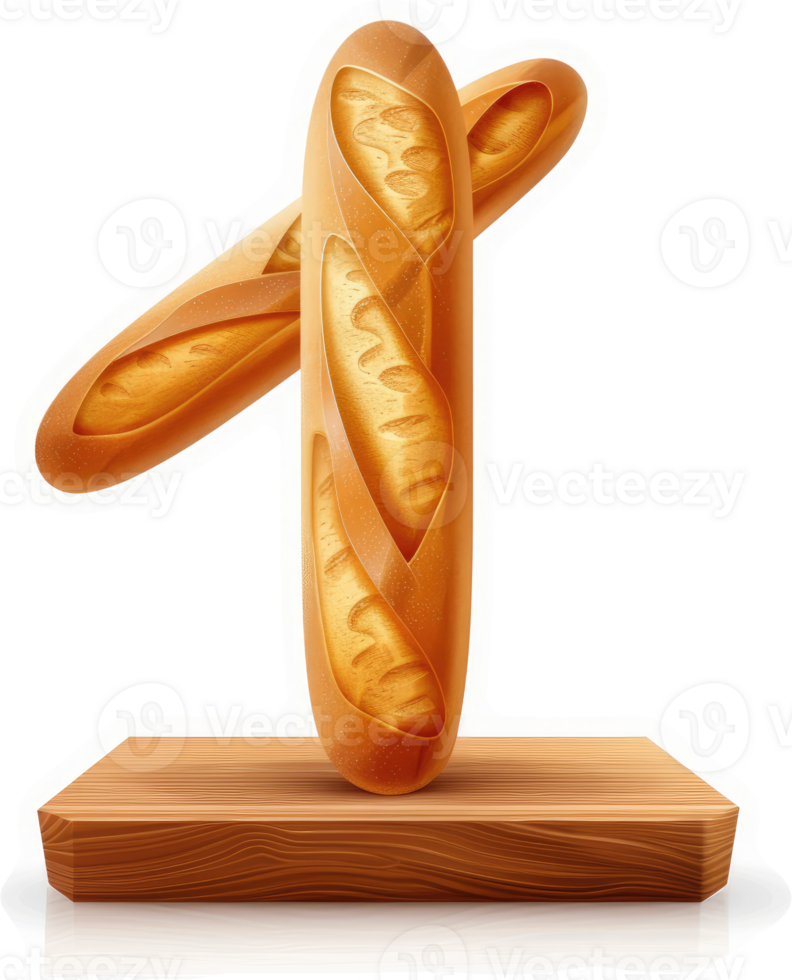 Two artisanal baguettes displayed on a wooden cutting board. png