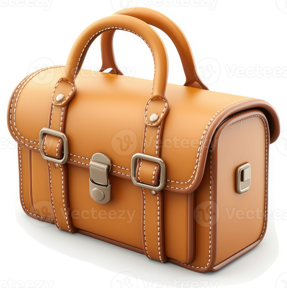 Detailed view of a vintage-style tan leather satchel. png