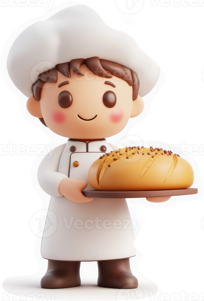Smiling cartoon baker holding a loaf of bread. png
