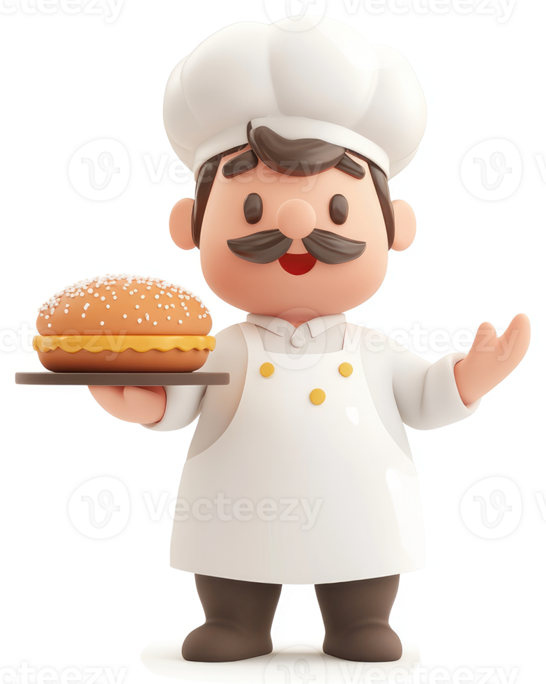 Cheerful cartoon chef displays a delicious-looking burger. png