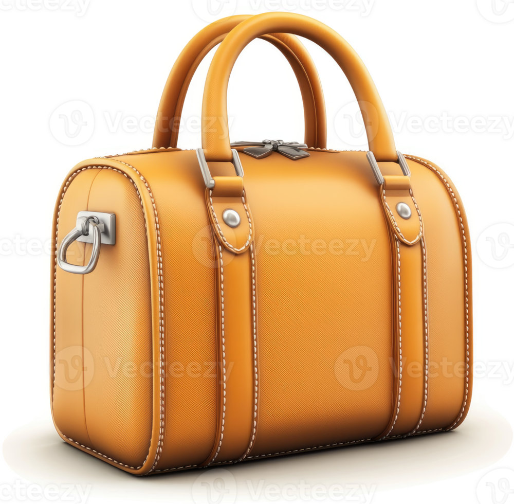 A golden-orange leather handbag showcases classic style. png