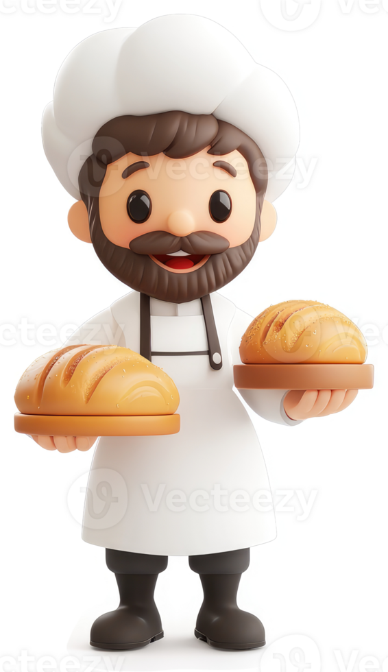 Smiling baker displays freshly baked loaves. png