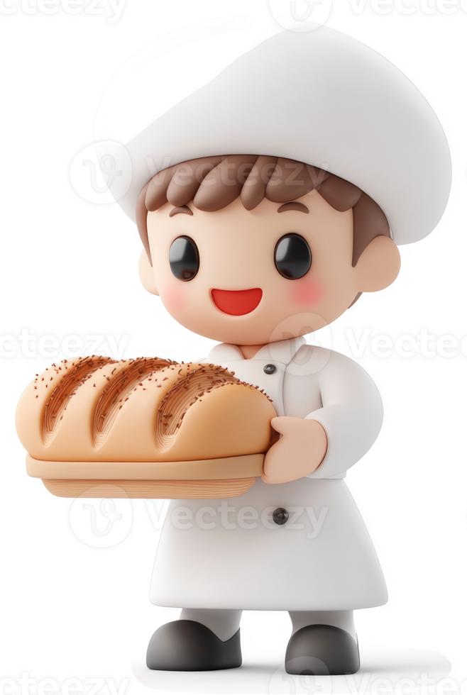 Cheerful baker holds a fresh loaf of bread. png