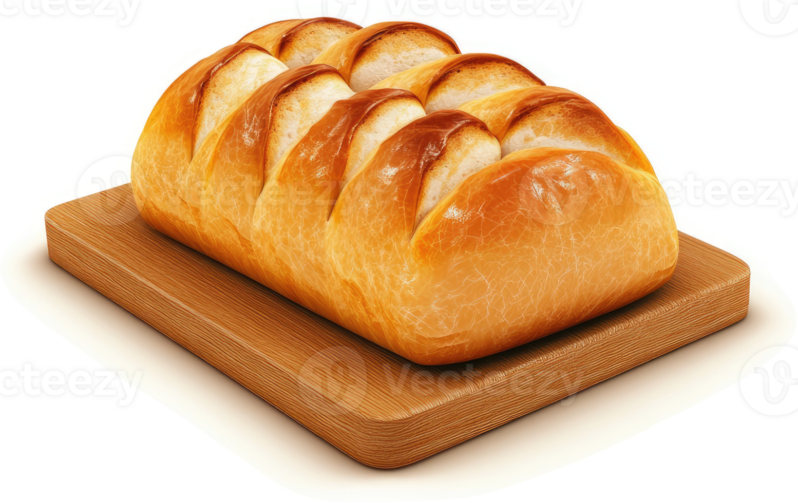 Golden loaf of bread sits on a wooden cutting board. png