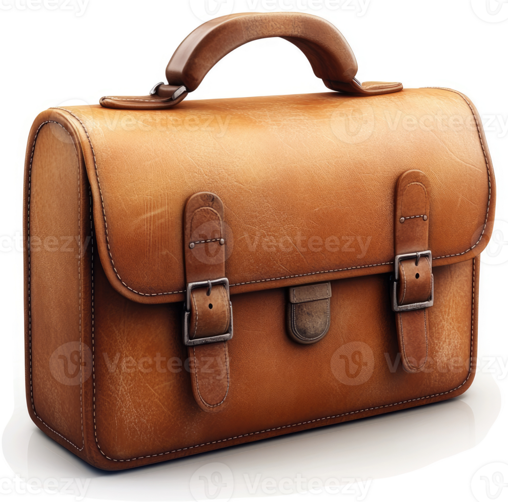 Vintage tan leather briefcase with metal buckles. png