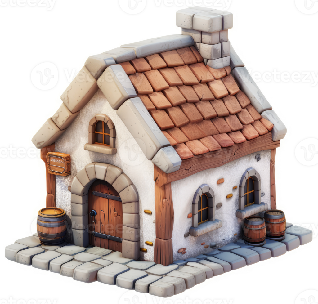 Charming medieval-style cottage with stonework and barrels. png