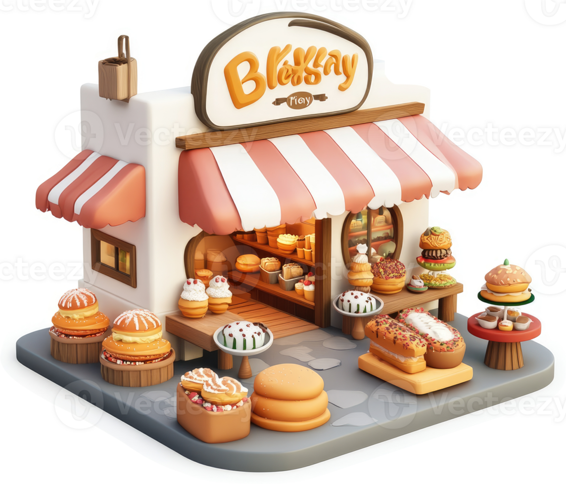 Cute bakery shop facade with assorted pastries and treats. png