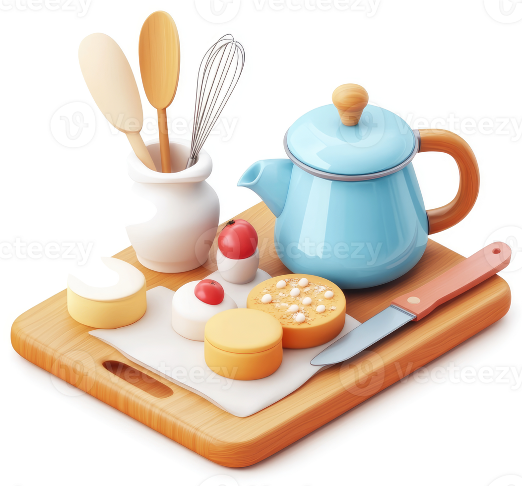 Wooden cutting board showcasing assorted culinary items. png