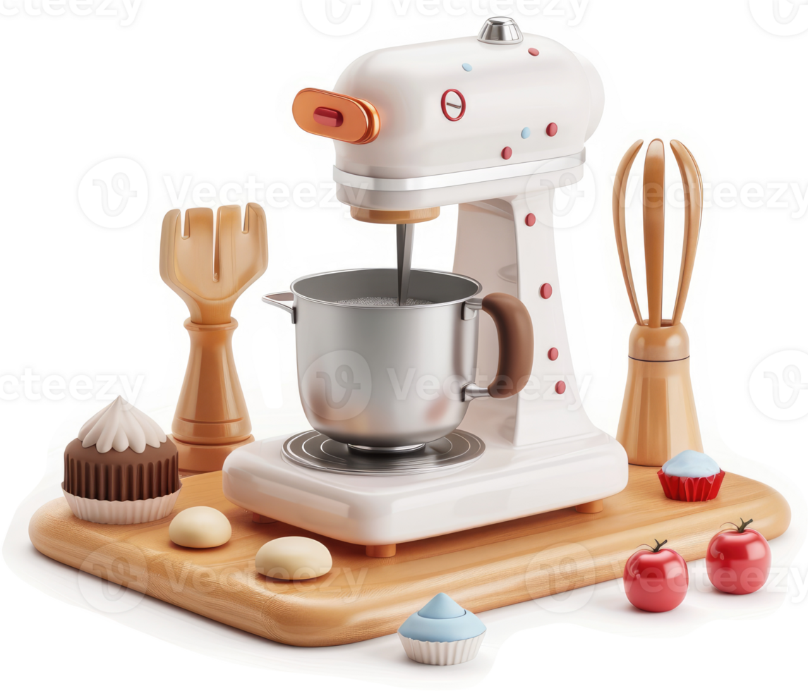 Retro-styled stand mixer with various baking accessories. png