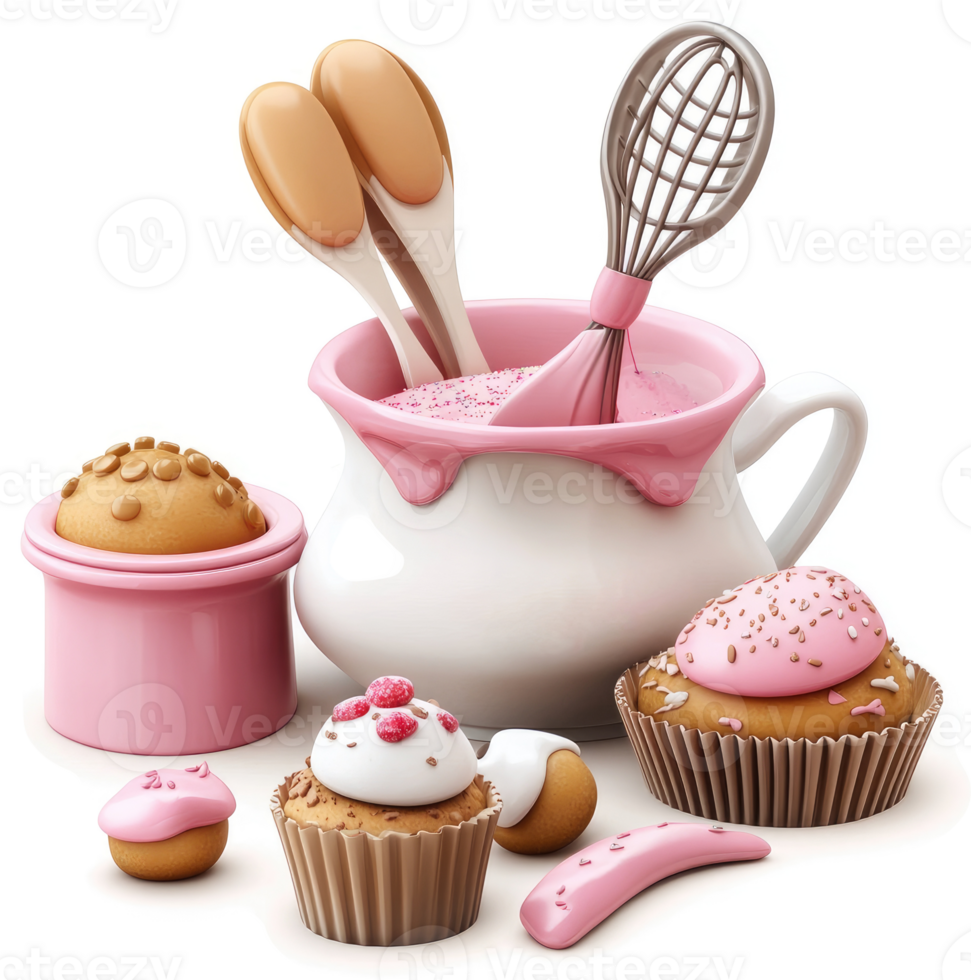 Pink and white cartoon baking supplies and treats. png