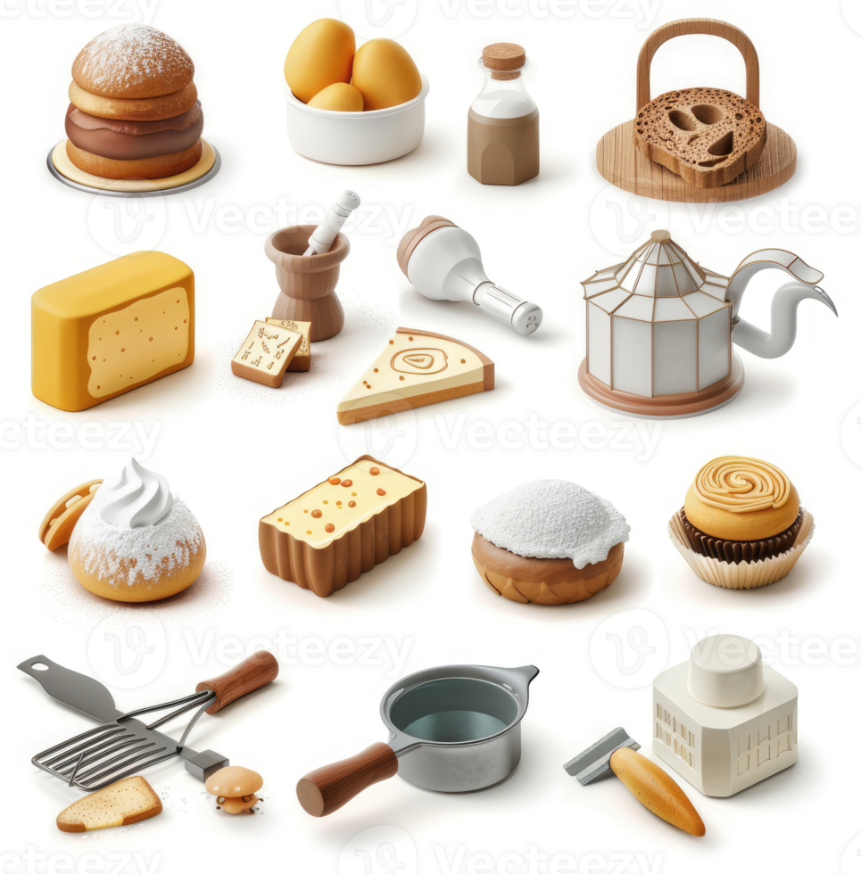 Collection of food and kitchenware items in pastel colors. png