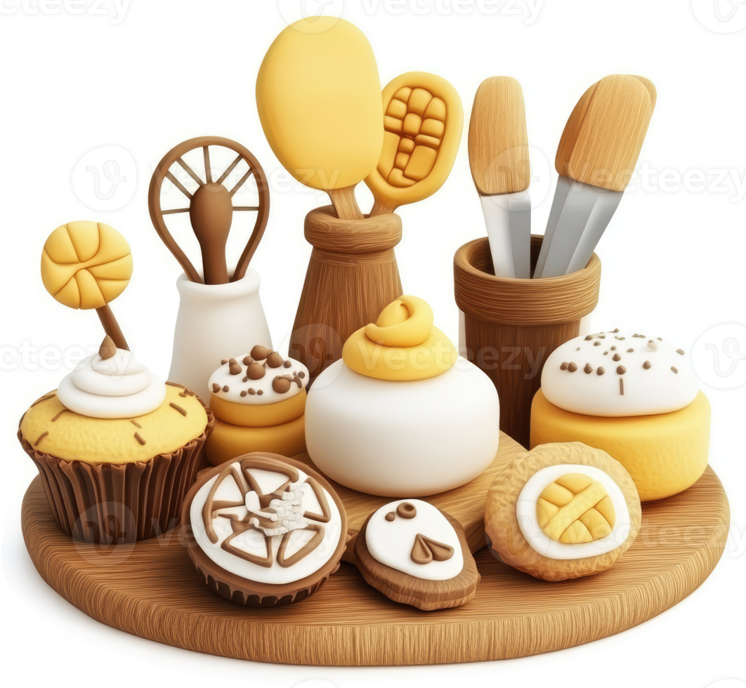 Gourmet treats and kitchen tools arranged on a wooden board. png