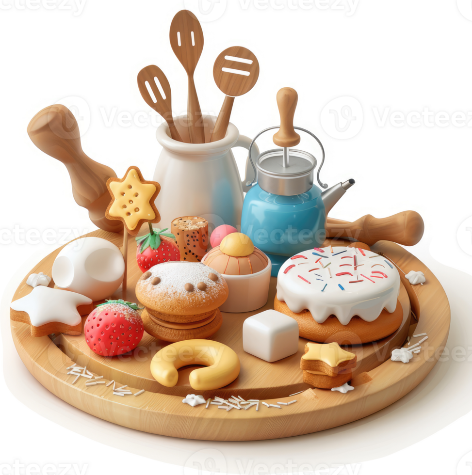 Colorful assortment of baked goods and kitchenware on a wooden platter. png