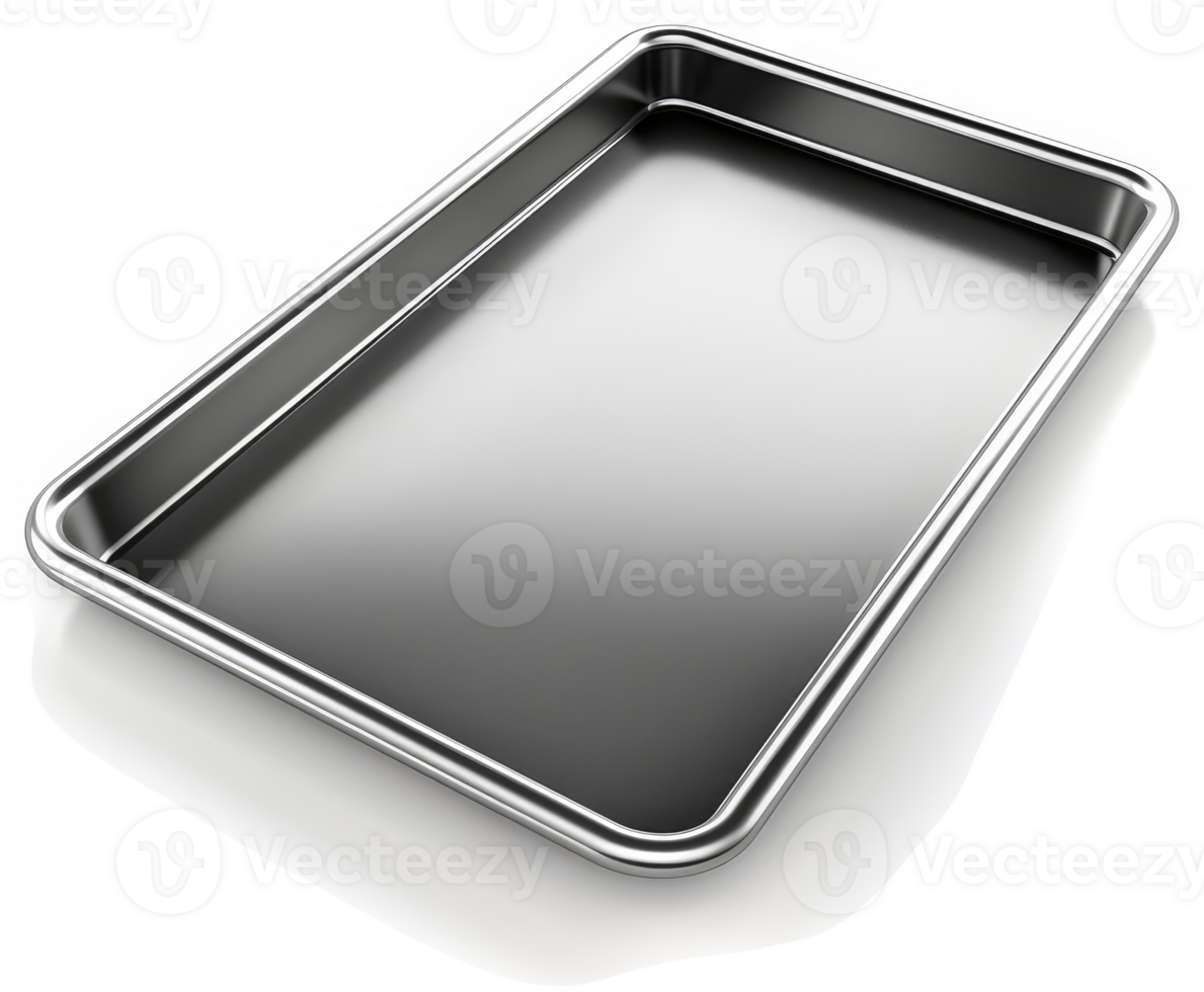 Rectangular stainless steel baking pan for oven use. png