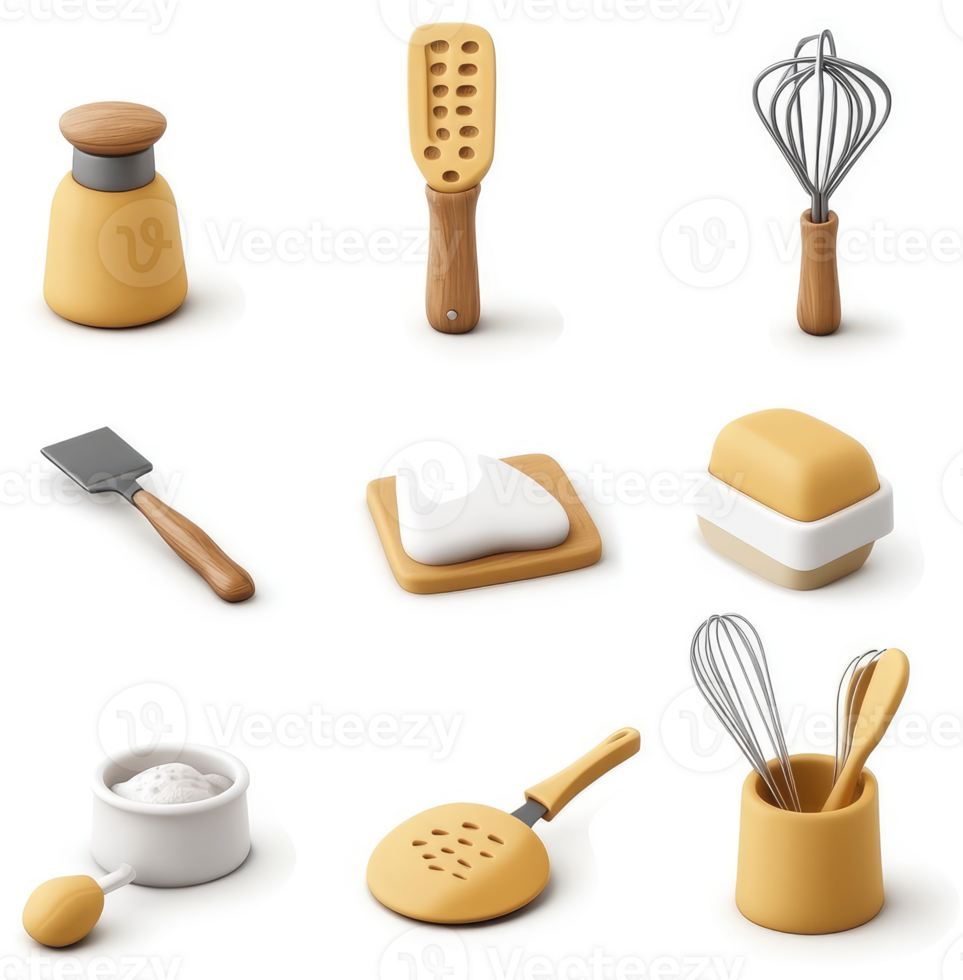 Colorful kitchen utensils and baking supplies displayed. png