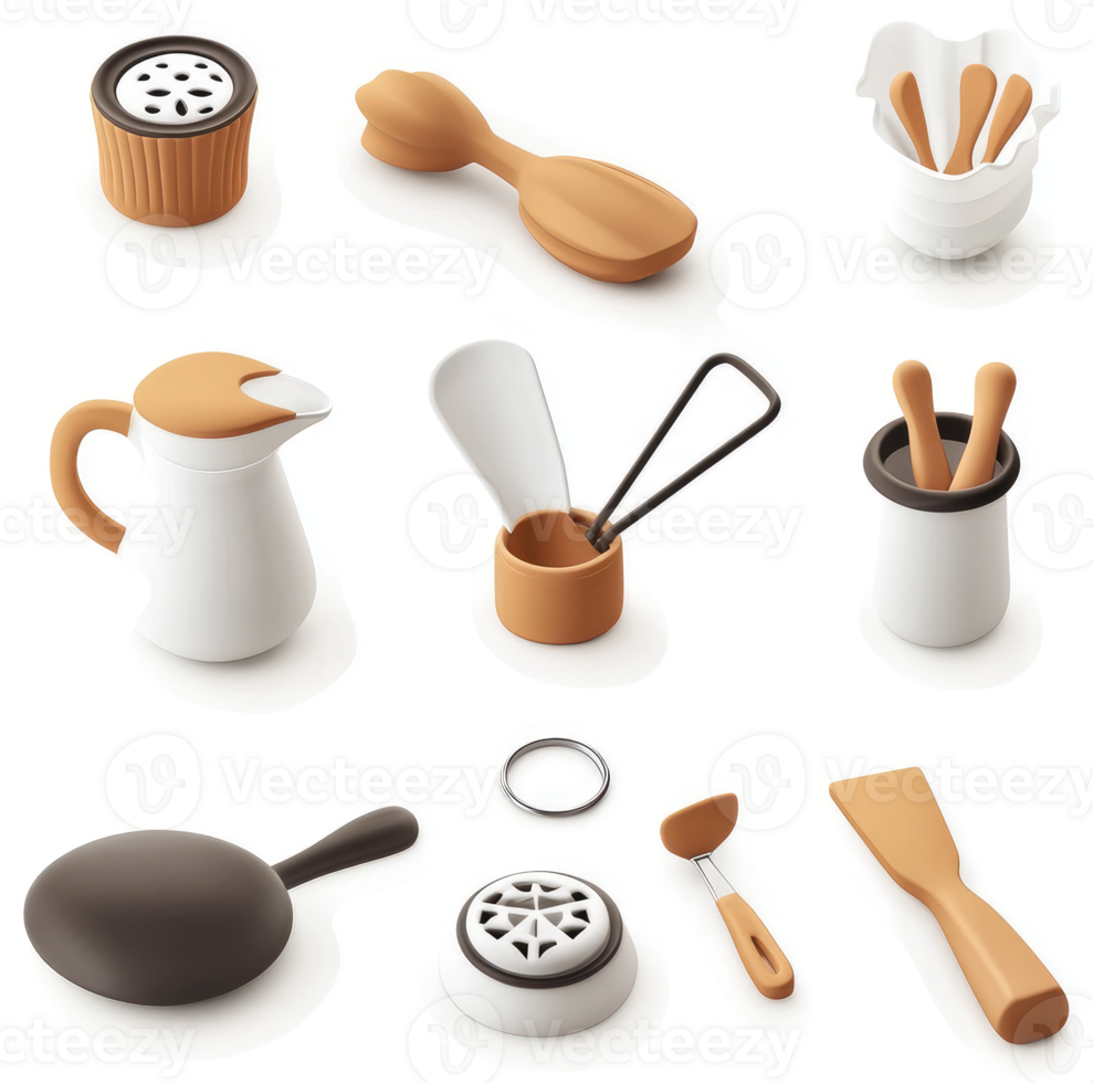 Kitchen utensils and containers in warm tones. png