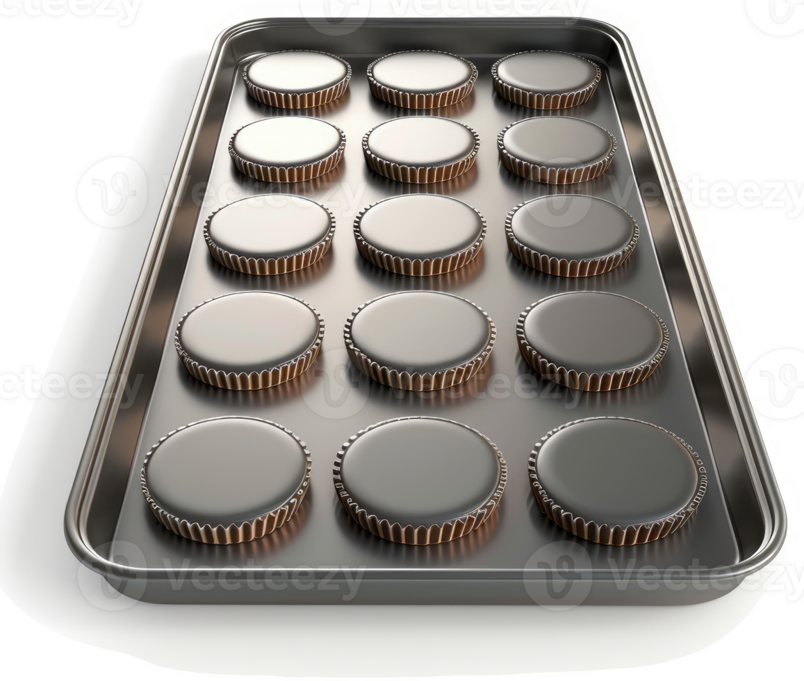 Baking sheet filled with round, dark chocolate cookies. png