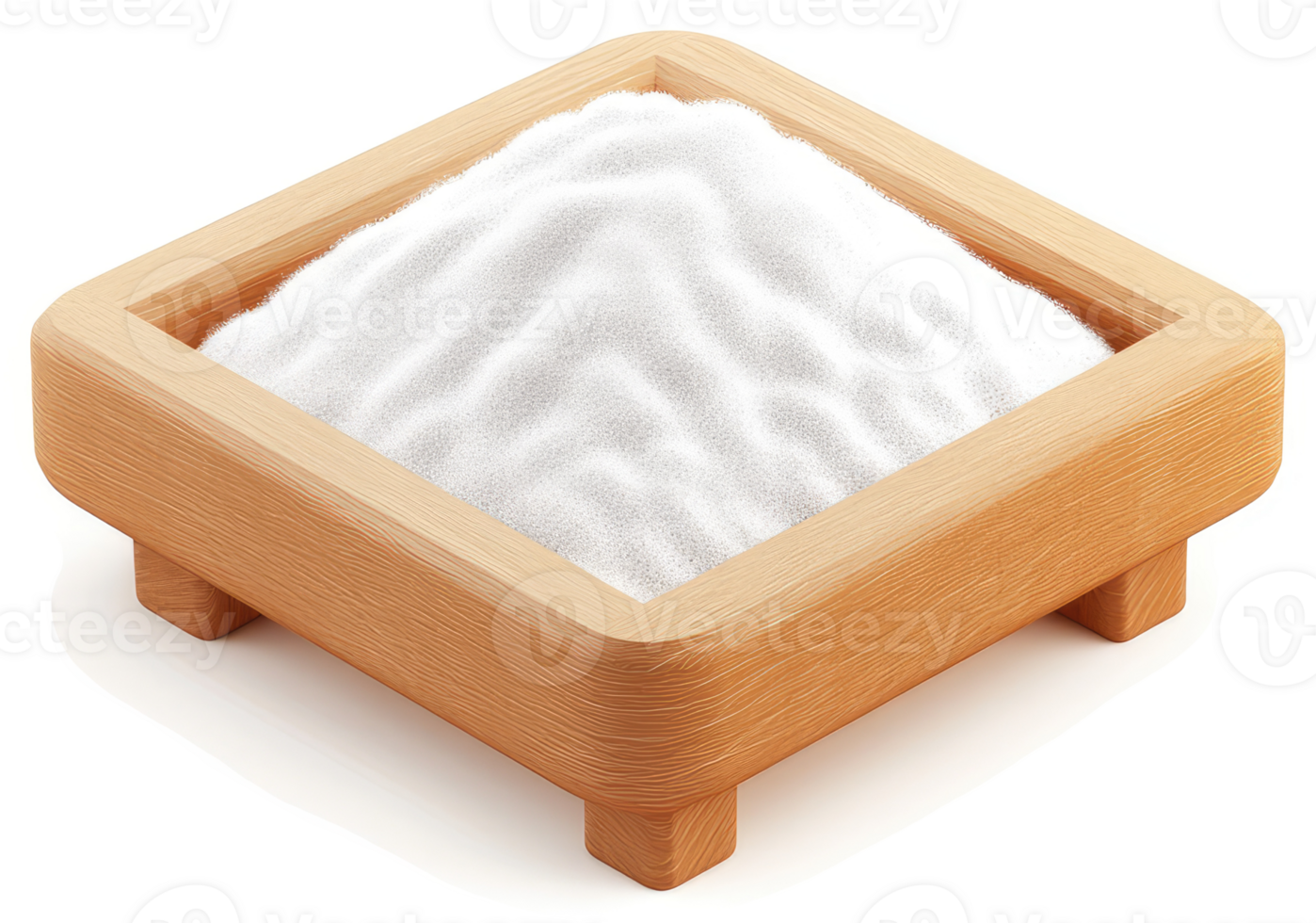 Square wooden container holding a pile of white powder. png