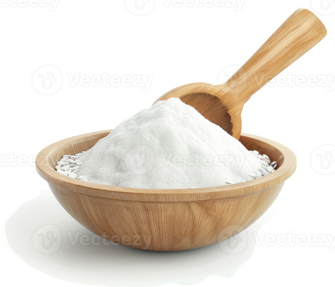 Wooden bowl of white powder with wooden scoop. png
