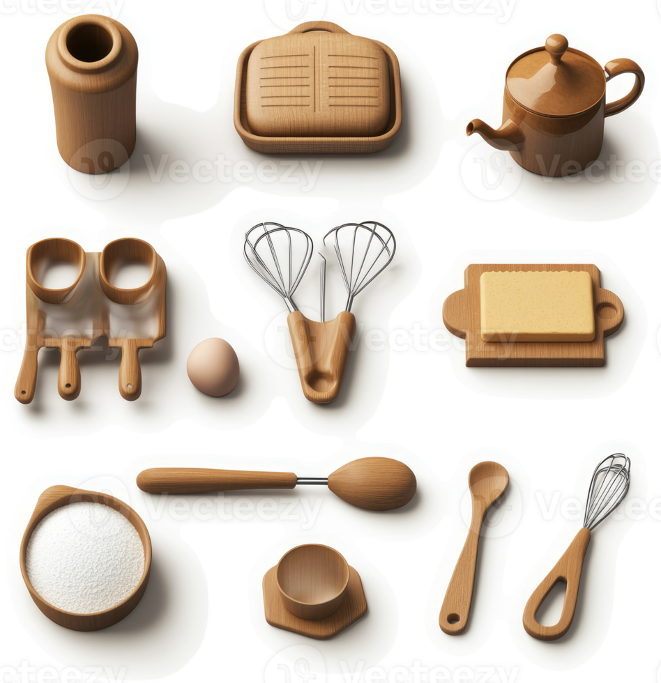 Wooden kitchen utensils and food items displayed in a stylized image. png