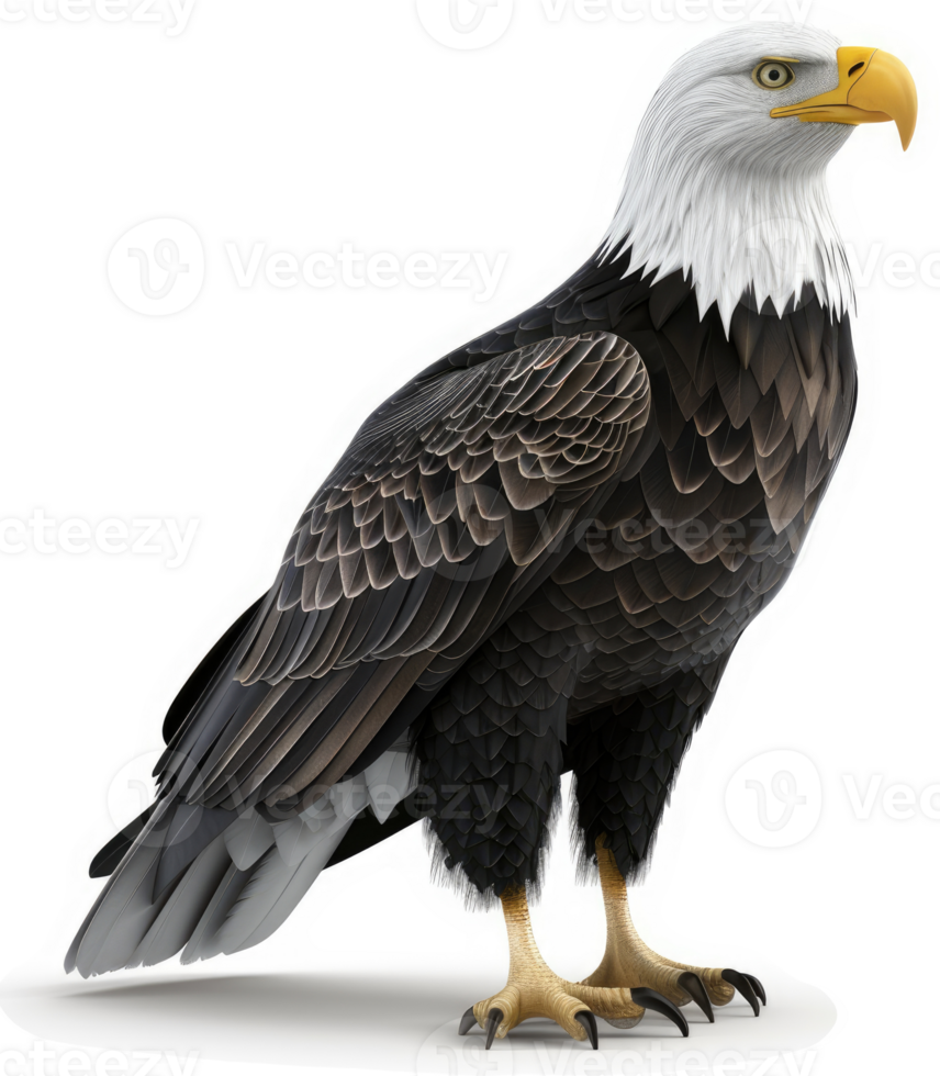 Majestic bald eagle, perched and alert, against a stark white background. png