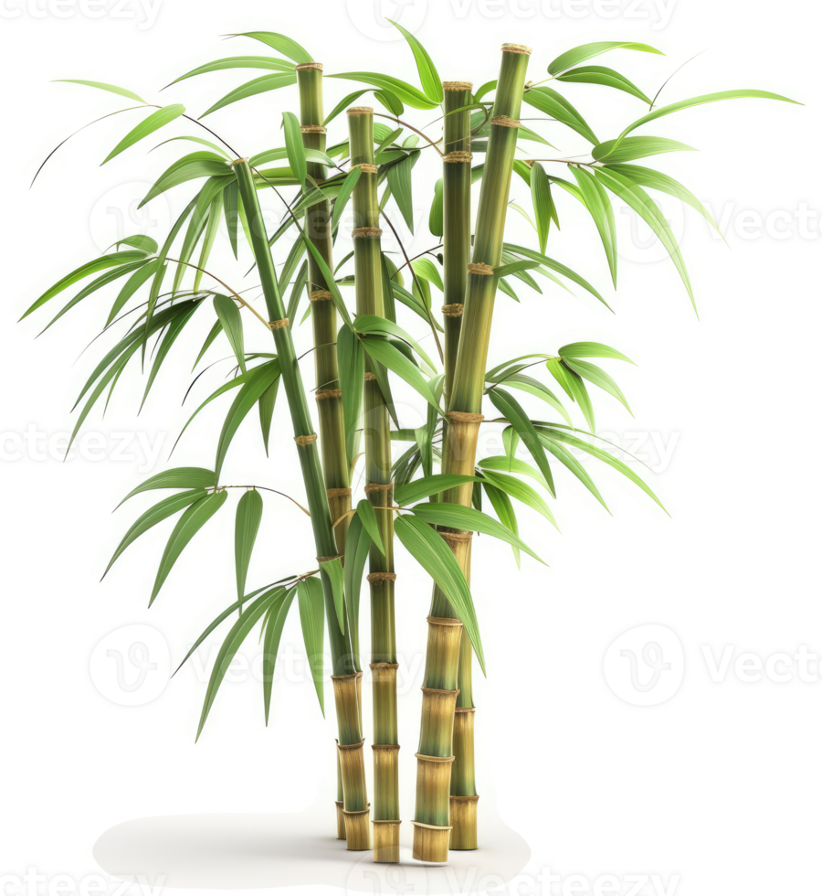 Lush bamboo stalks display vibrant green foliage against a plain white background. png