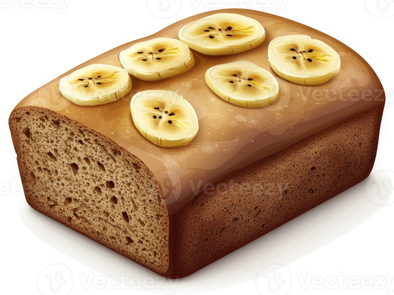Delicious sliced banana bread with golden topping. png