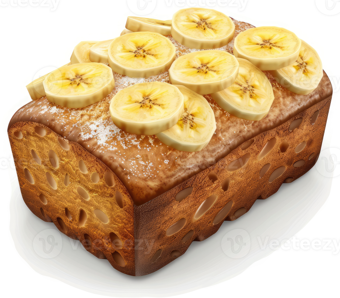 Delicious banana bread topped with sliced bananas. png