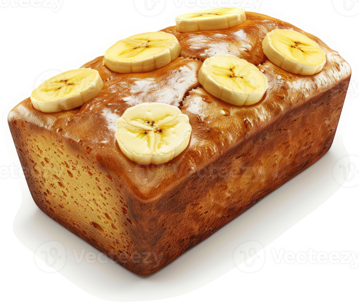 Freshly baked banana loaf topped with sliced bananas. png