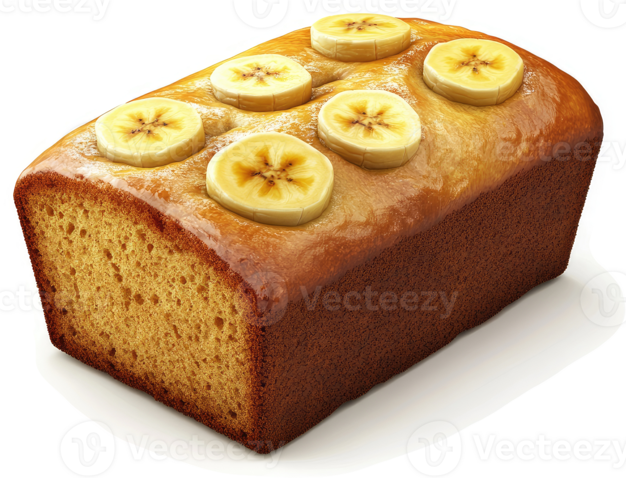 Golden, glazed banana loaf, topped with sliced bananas. png