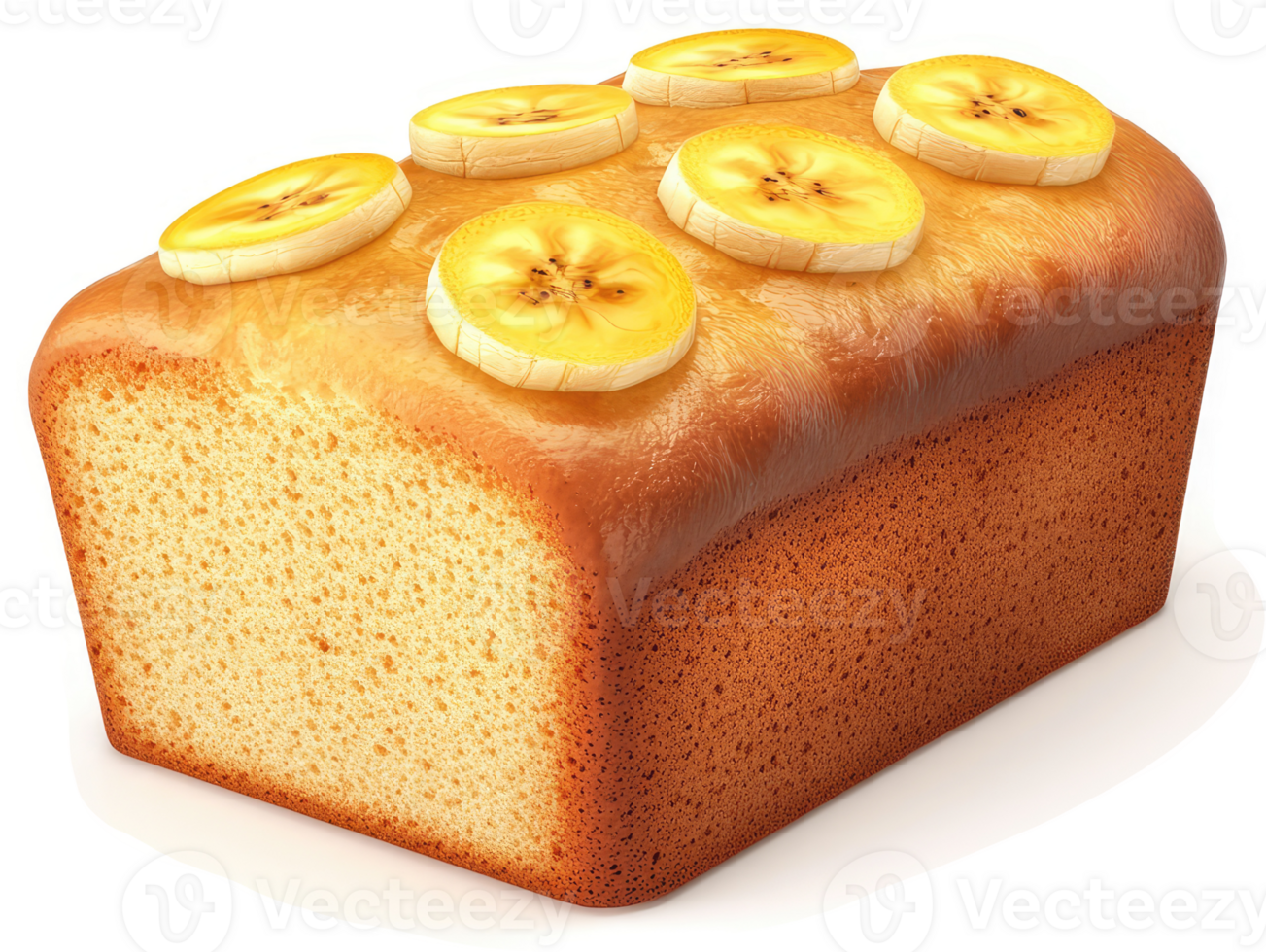 Golden loaf cake topped with sliced bananas. png
