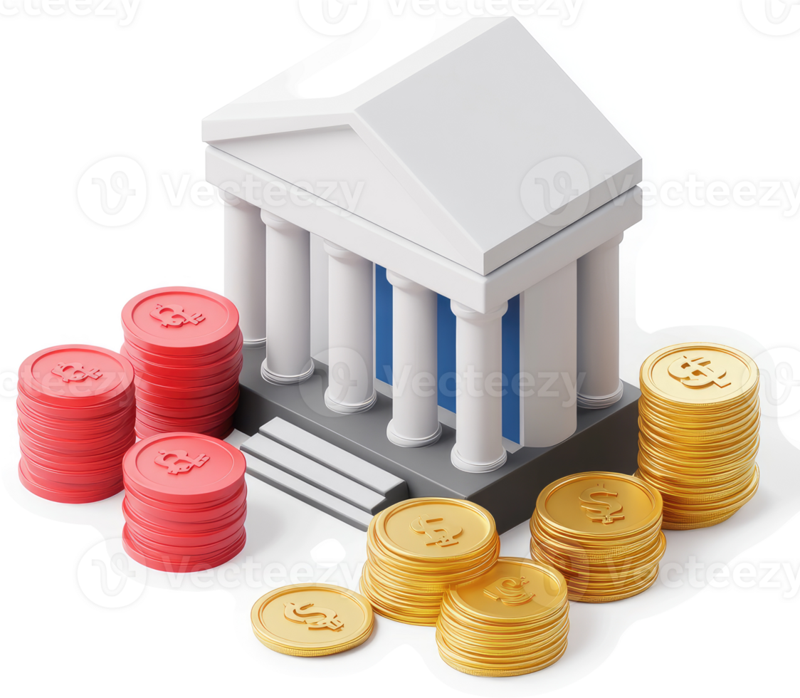 Financial institution with stacks of gold and red coins. png