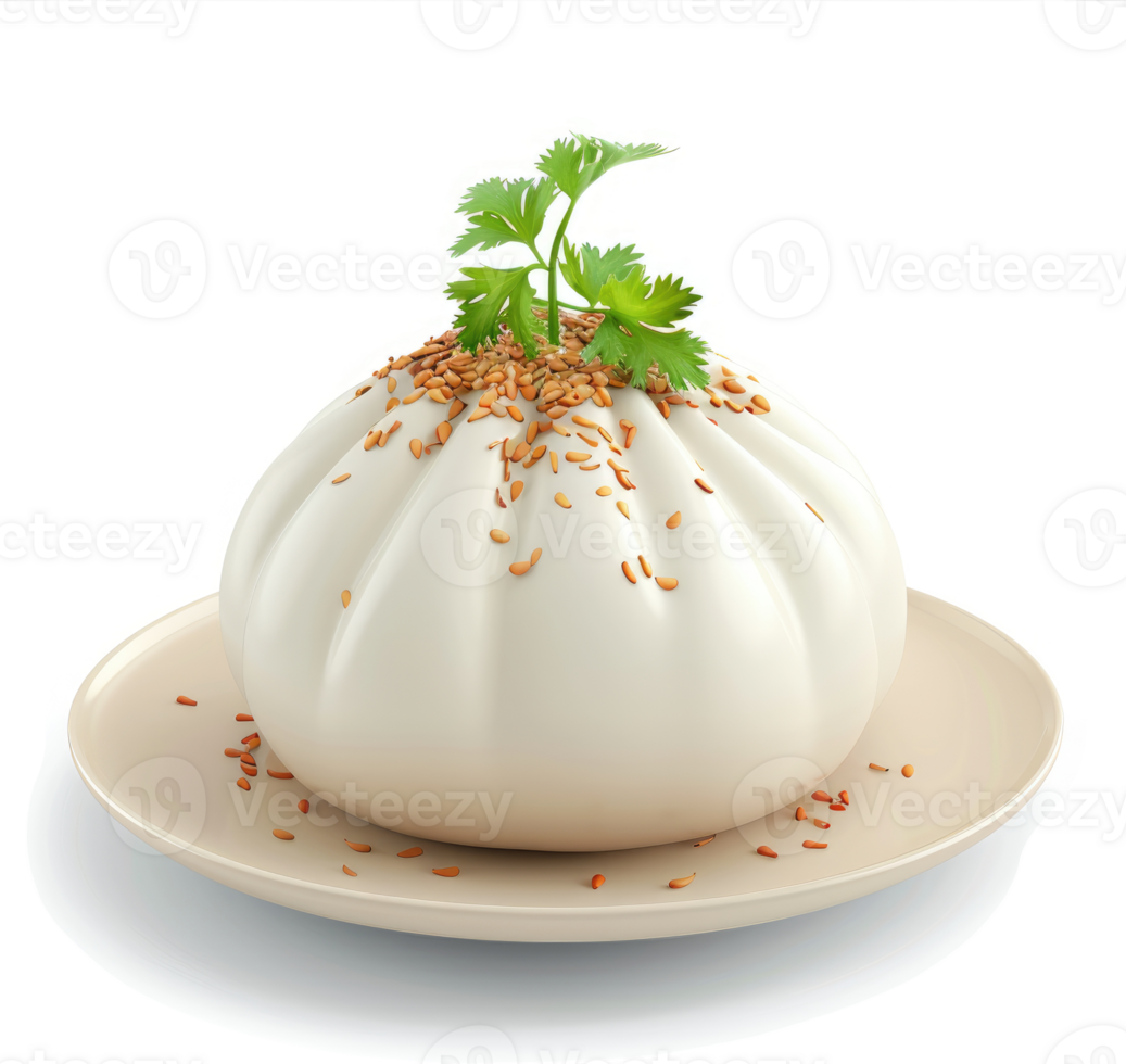 A round, steamed bun topped with sesame seeds and herbs. png
