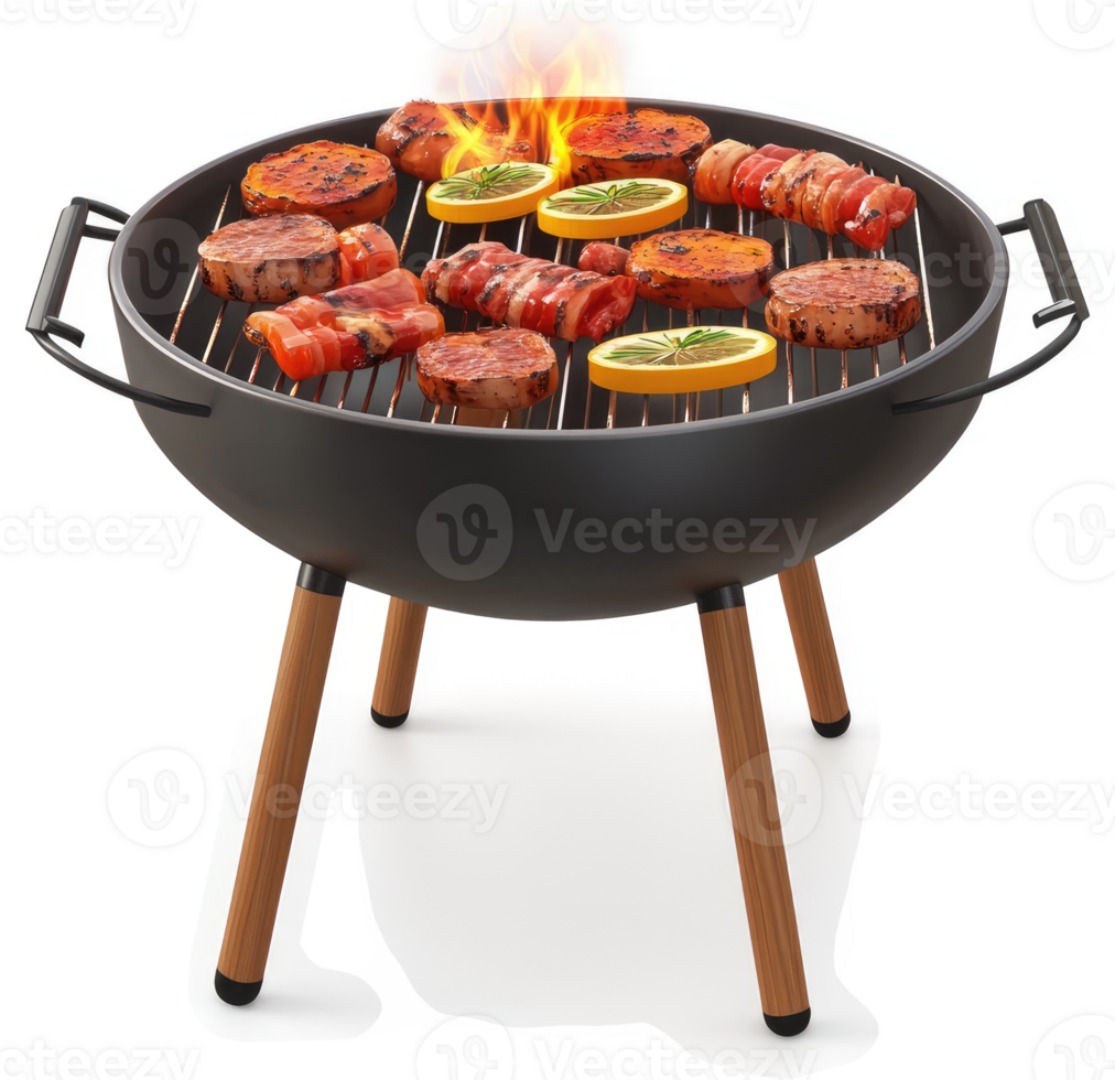 Outdoor portable grill with various grilled meats and vegetables. png
